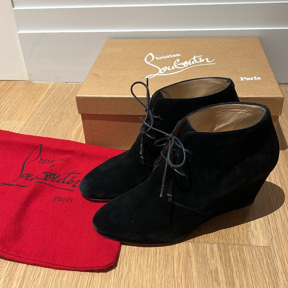 Louboutin Compacta 70 Veau Velours- Suede Wedge Booties